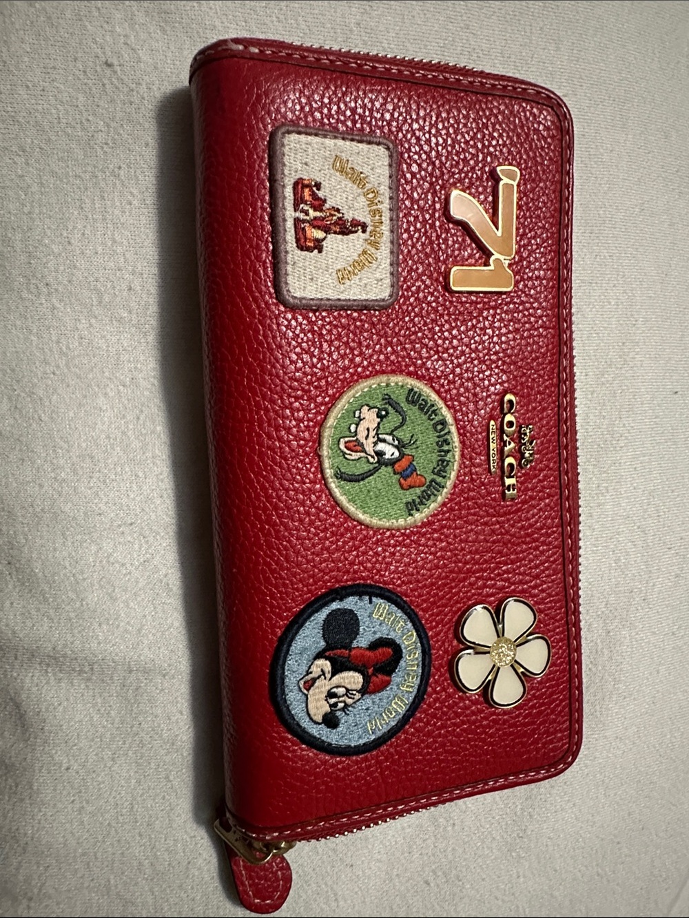 Coach Red Pebbled Leather Zip Wallet with Disney Patch Accents
